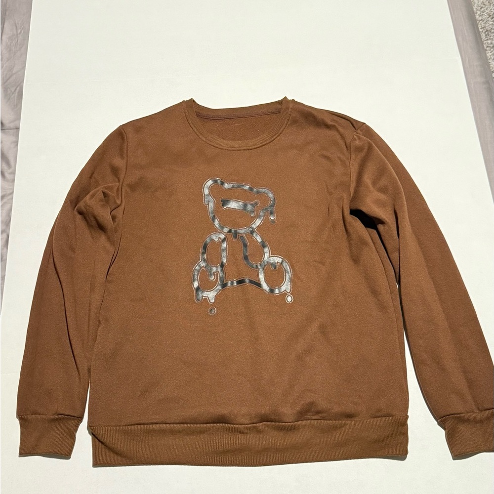 SHEIN Brown Crewneck Sweater with Metallic Design